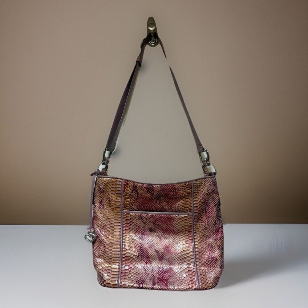Brighton Snakeskin Textured Pattern Pink Mauve Shiny Shoulder Bag Heart Charm